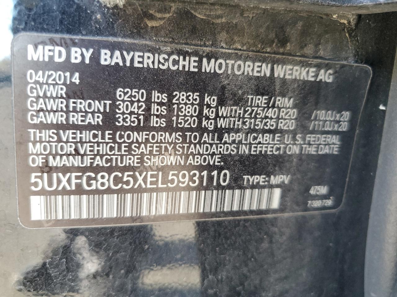 2014 BMW X6 VIN 5UXFG8C5XEL593110 Copart auction photo, mechanical damage thumbnail 14