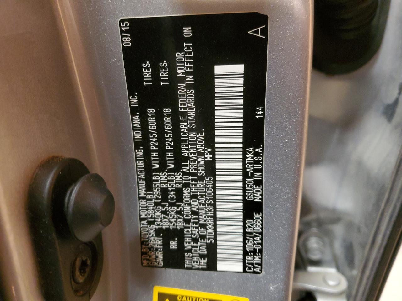 2015 Toyota Highlander VIN 5TDKKRFH3FS106405 Copart auction photo, side / minor dent/scratches damage thumbnail 13