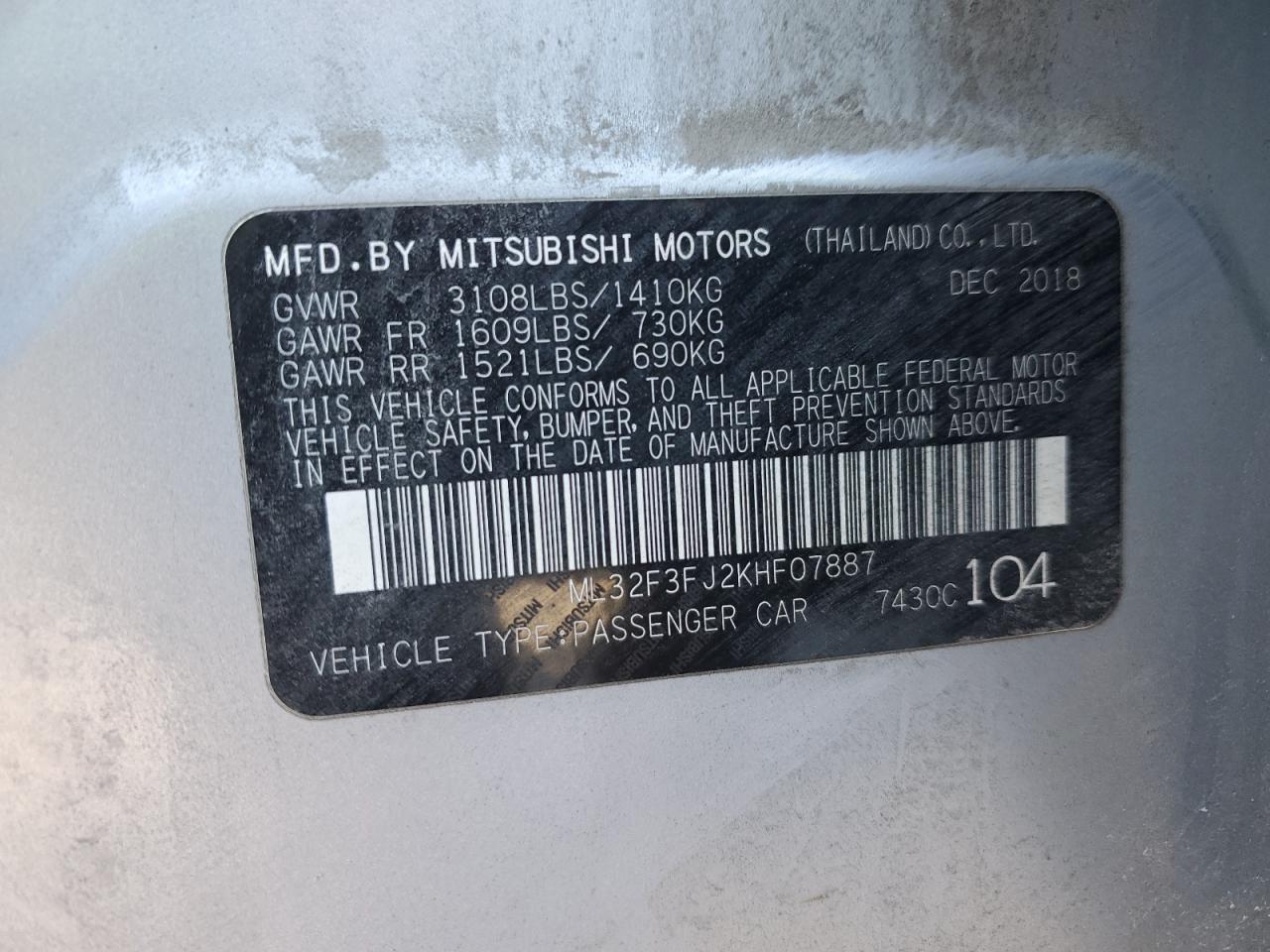 2019 Mitsubishi Mirage VIN ML32F3FJ2KHF07887 Copart auction photo, front end / rear end damage thumbnail 15