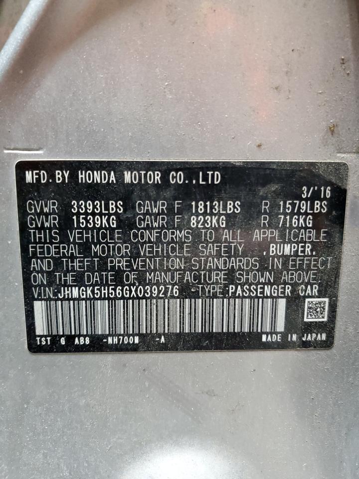 2016 Honda Fit VIN JHMGK5H56GX039276 Copart auction photo, side damage thumbnail 13