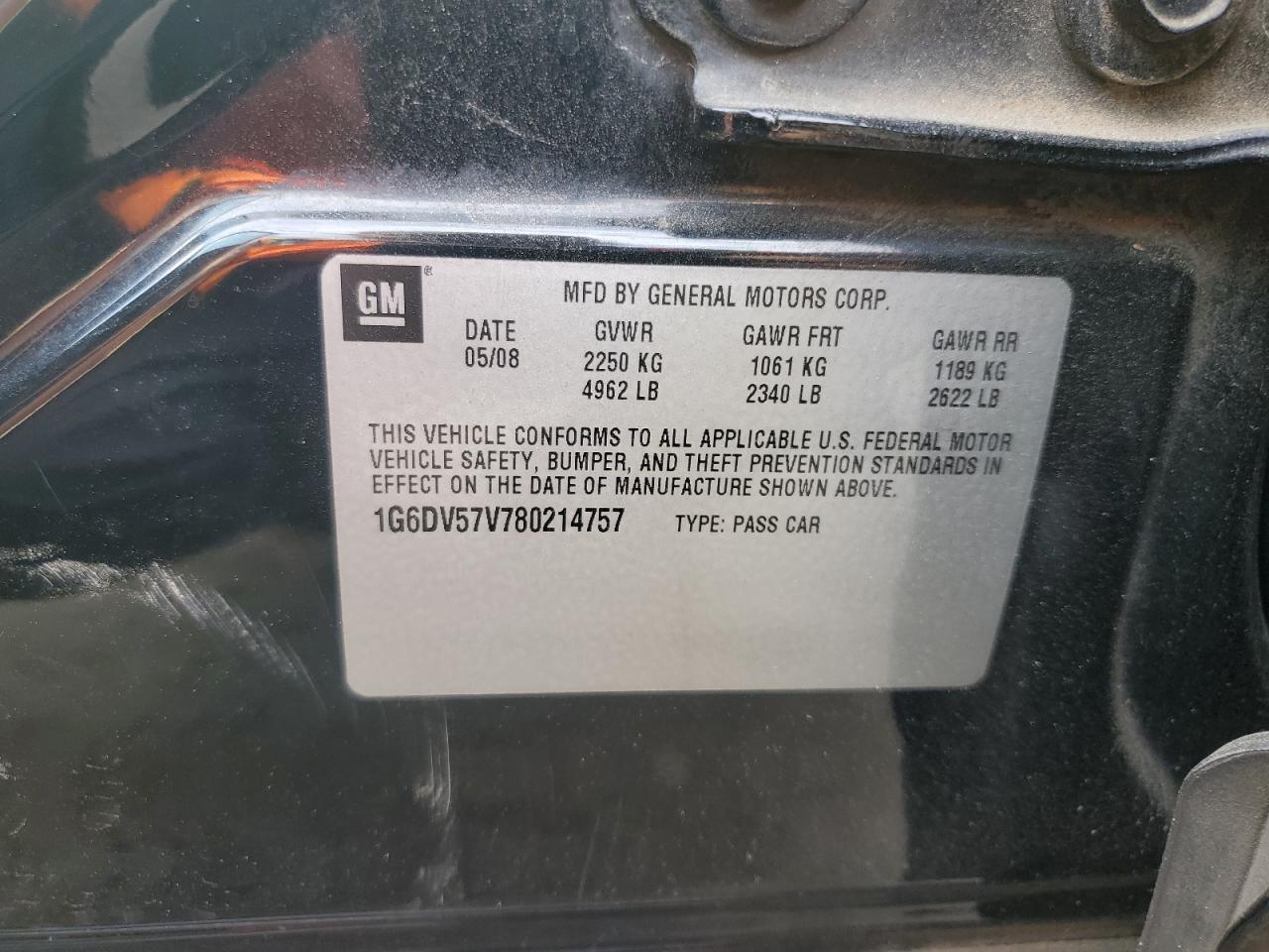 2008 Cadillac CTS VIN 1G6DV57V780214757 Copart auction photo, front end damage thumbnail 12