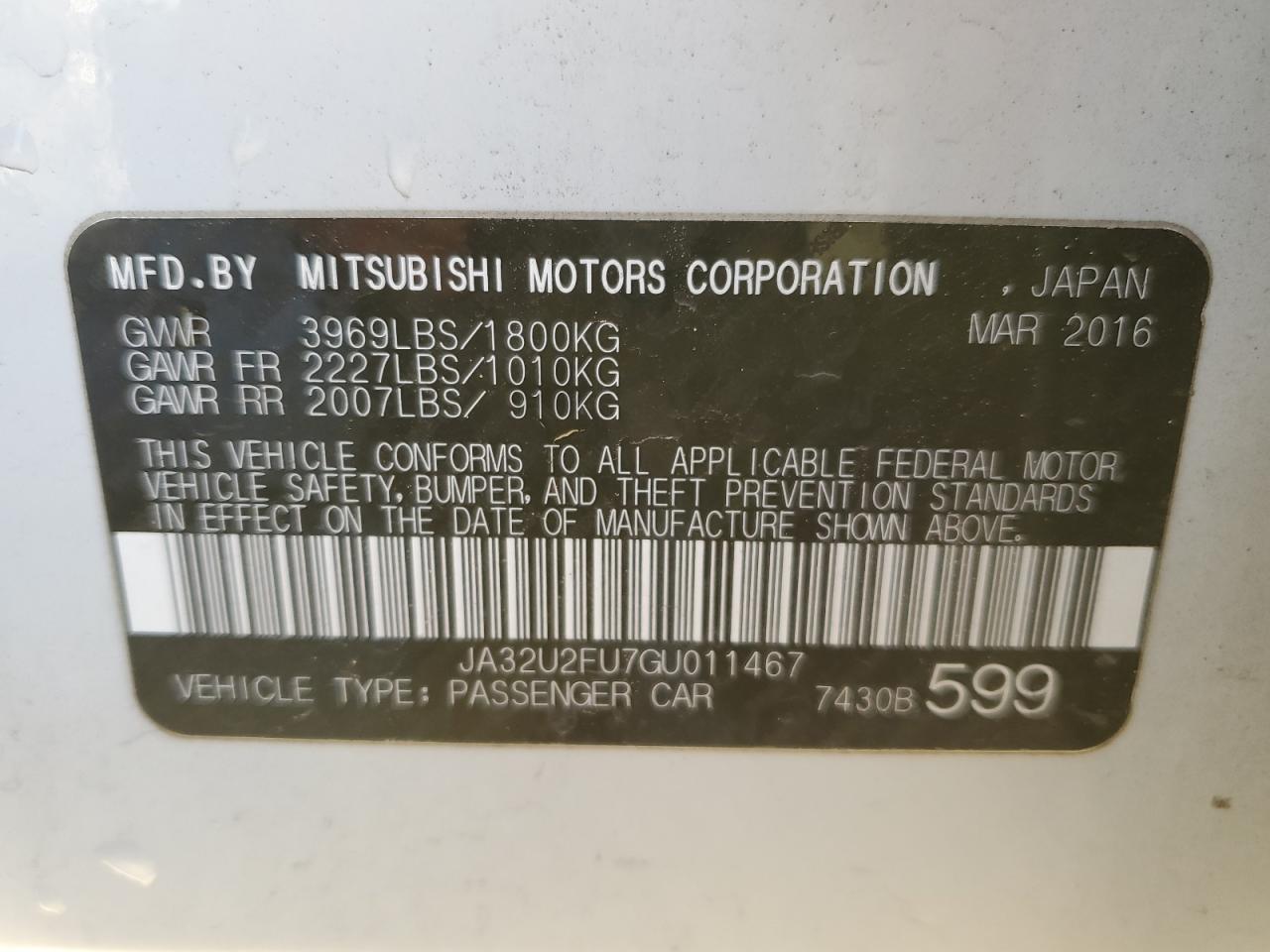 2016 Mitsubishi Lancer VIN JA32U2FU7GU011467 Copart auction photo, front end damage thumbnail 13