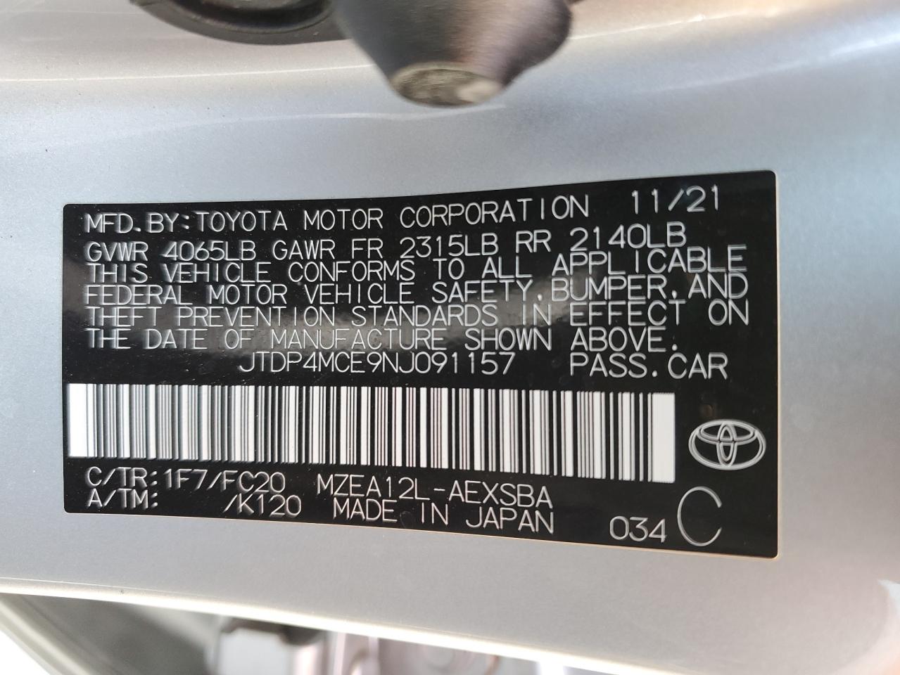 2022 Toyota Corolla VIN JTDP4MCE9NJ091157 Copart auction photo, front end / rear end damage thumbnail 12