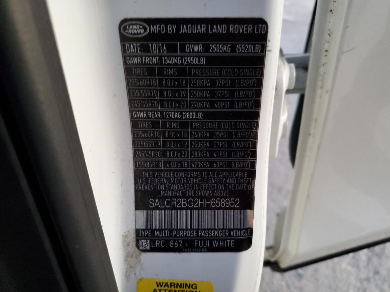 2017 Land Rover Discovery VIN SALCR2BG2HH658952 Copart auction photo, rear end / side damage thumbnail 13