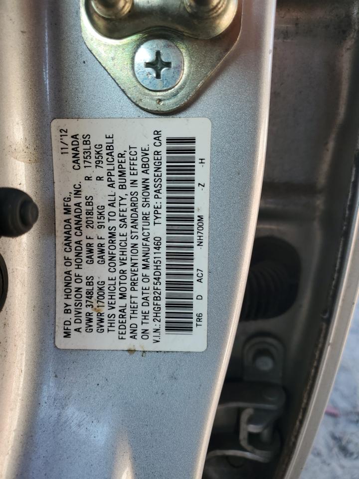 2013 Honda Civic VIN 2HGFB2F54DH511460 Copart auction photo, front end / minor dent/scratches damage thumbnail 12