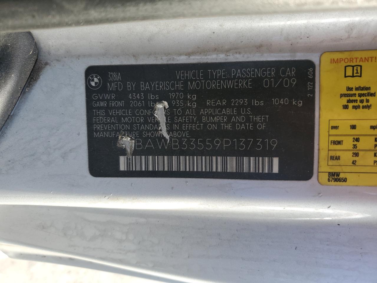 2009 BMW 3er VIN WBAWB33559P137319 Copart auction photo, front end / rear end damage thumbnail 12
