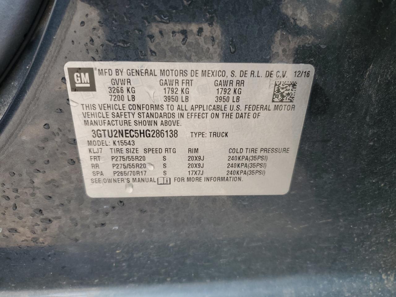2017 GMC Sierra VIN 3GTU2NEC5HG286138 Copart auction photo, front end / mechanical damage thumbnail 12