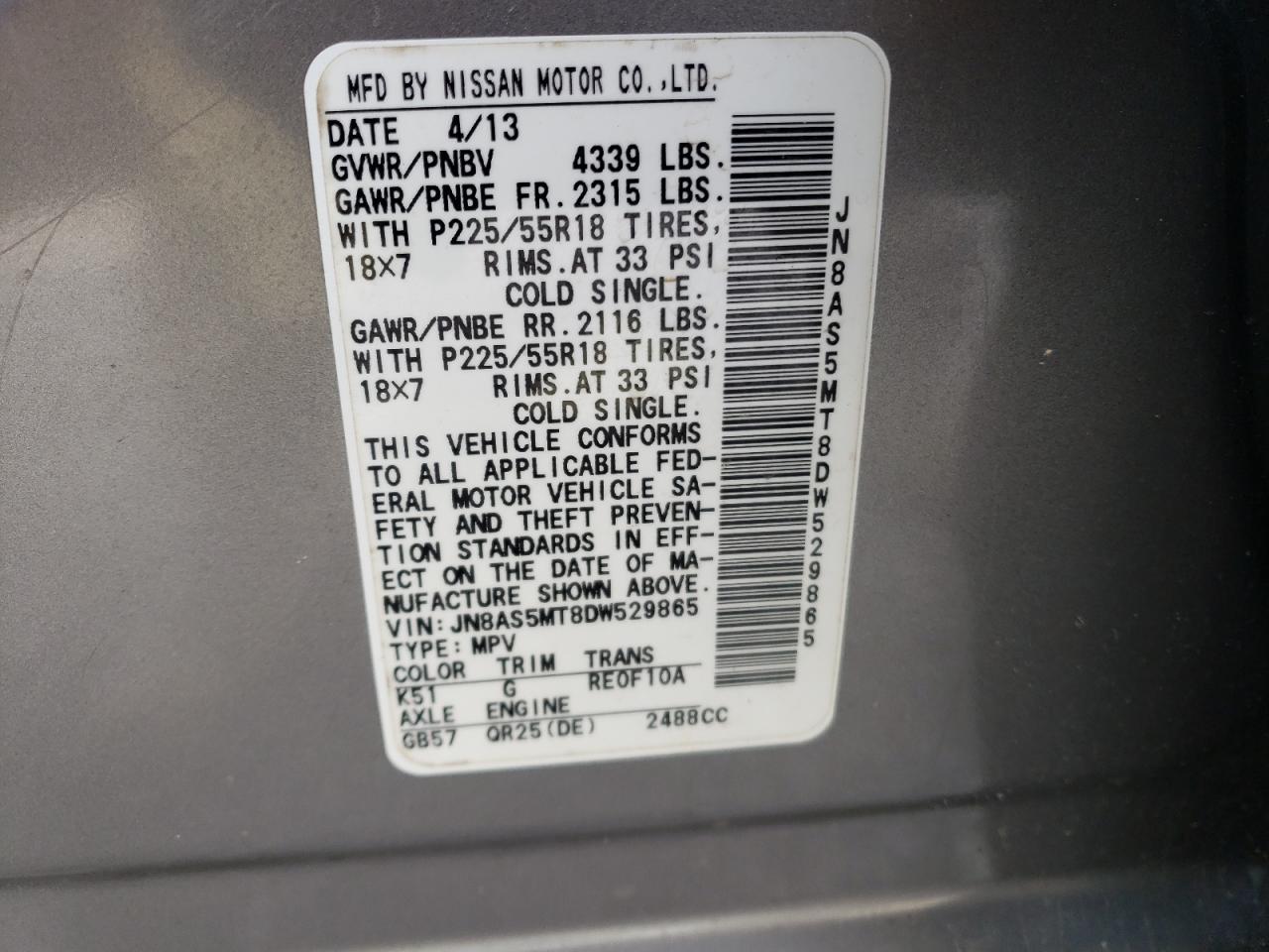 2013 Nissan Rogue VIN JN8AS5MT8DW529865 Copart auction photo, rear end damage thumbnail 13