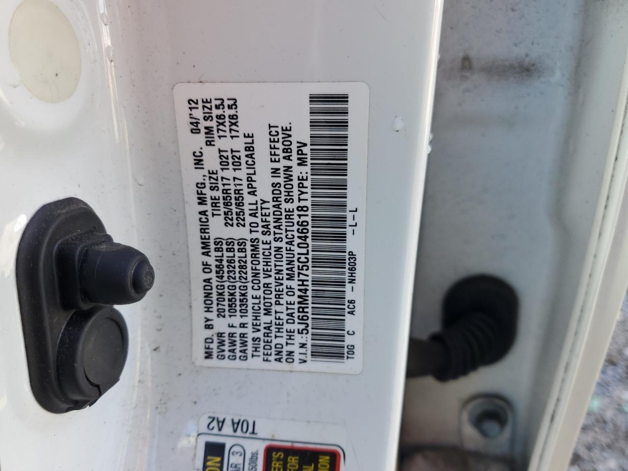 2012 Honda CR-V VIN 5J6RM4H75CL046618 Copart auction photo, front end damage thumbnail 13