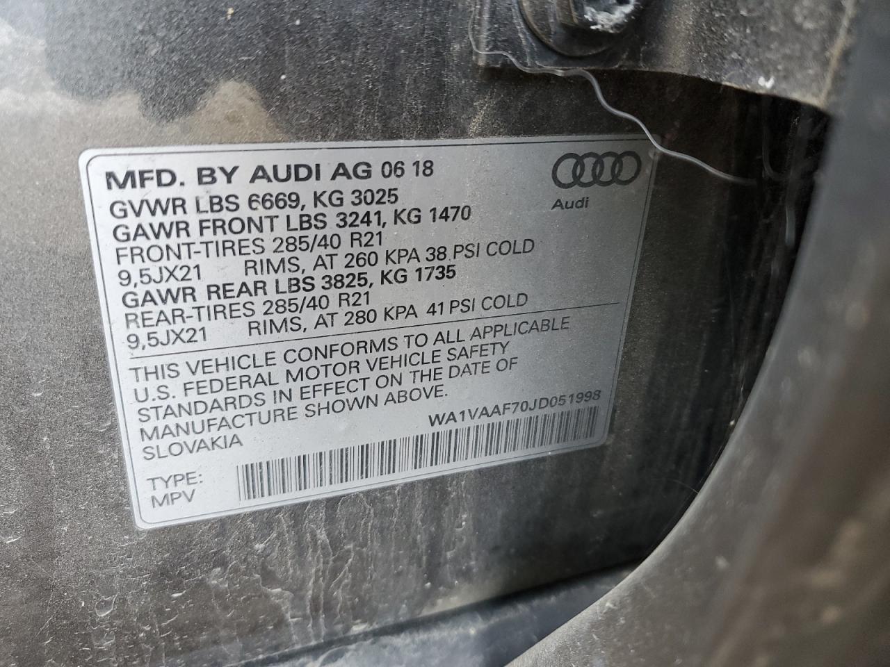 2018 Audi Q7 VIN WA1VAAF70JD051998 Copart auction photo, rear end damage thumbnail 13