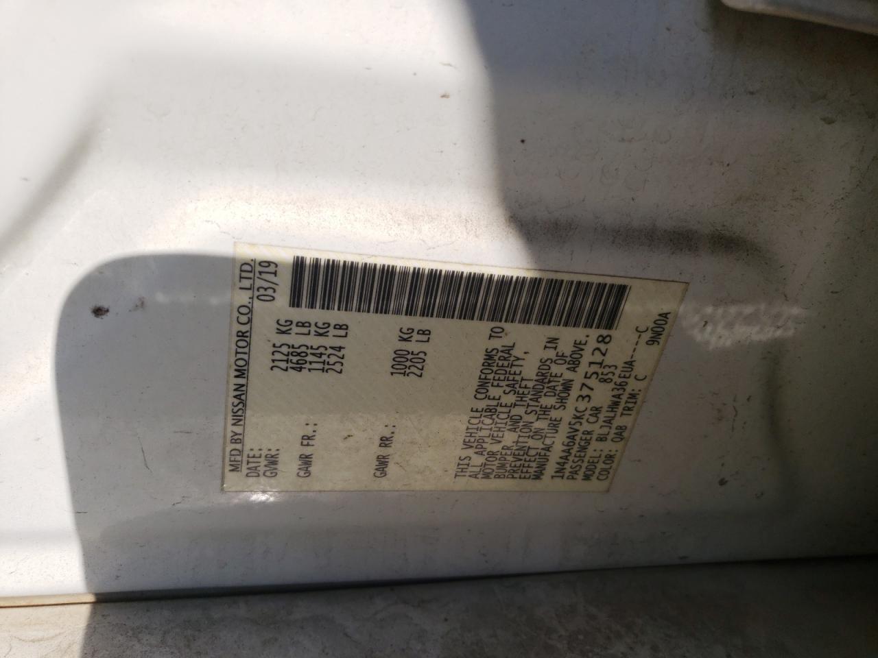 2019 Nissan Maxima VIN 1N4AA6AV5KC375128 Copart auction photo, front end / side damage thumbnail 14