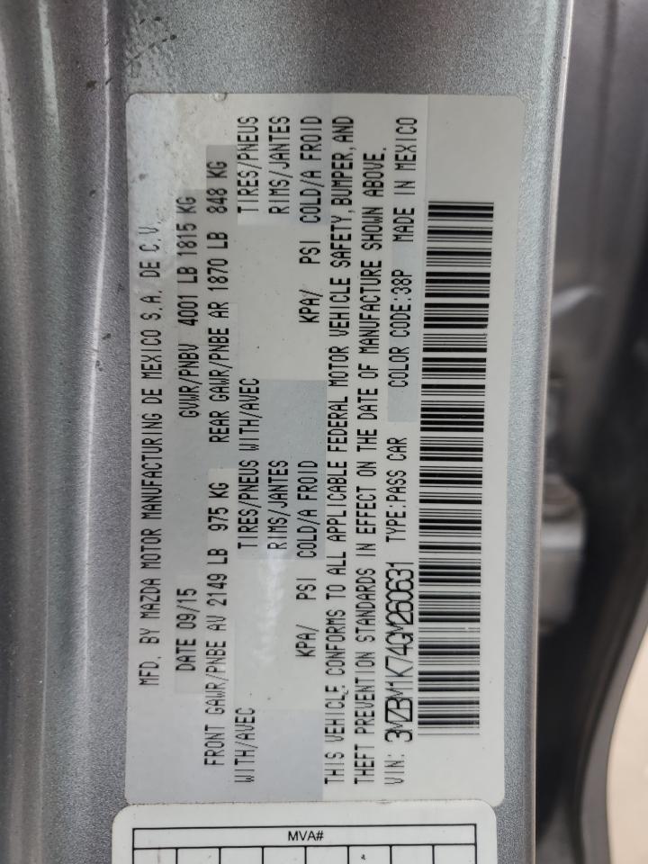 2016 Mazda 3 VIN 3MZBM1K74GM260631 Copart auction photo, side / rear end damage thumbnail 13