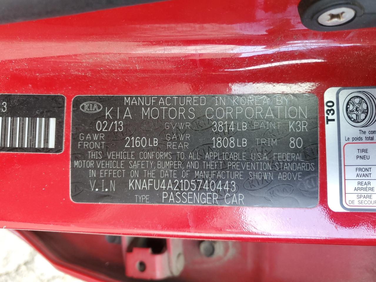 2013 KIA Forte VIN KNAFU4A21D5740443 Copart auction photo, rear end damage thumbnail 12