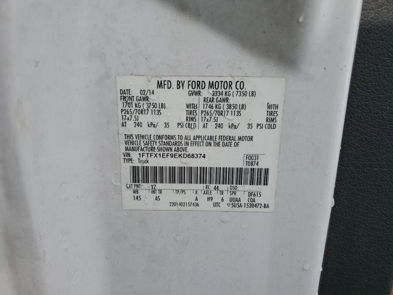 2014 Ford F-150 VIN 1FTFX1EF9EKD68374 Copart auction photo, normal wear / minor dent/scratches damage thumbnail 12