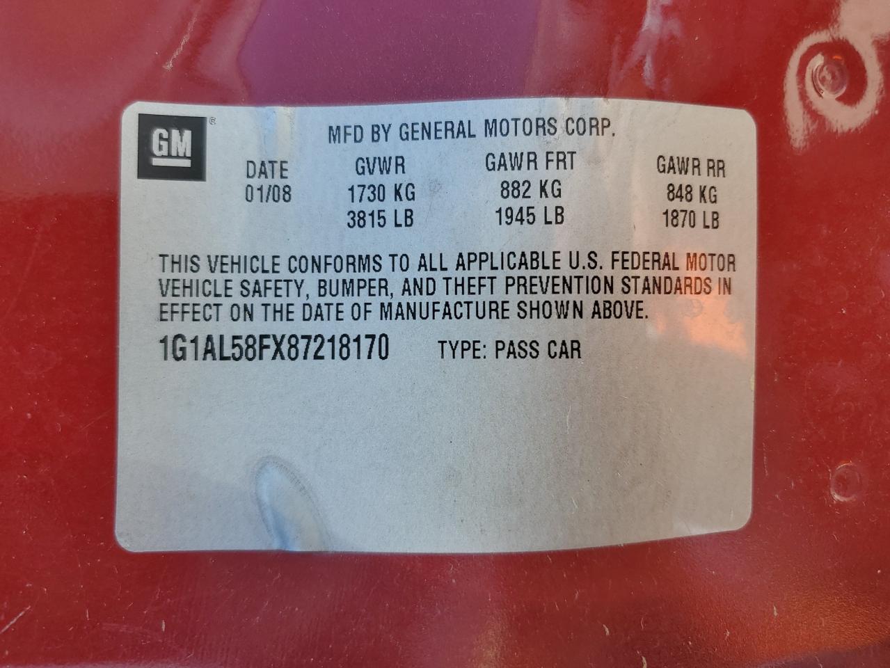 2008 Chevrolet Cobalt VIN 1G1AL58FX87218170 Copart auction photo, normal wear / minor dent/scratches damage thumbnail 12