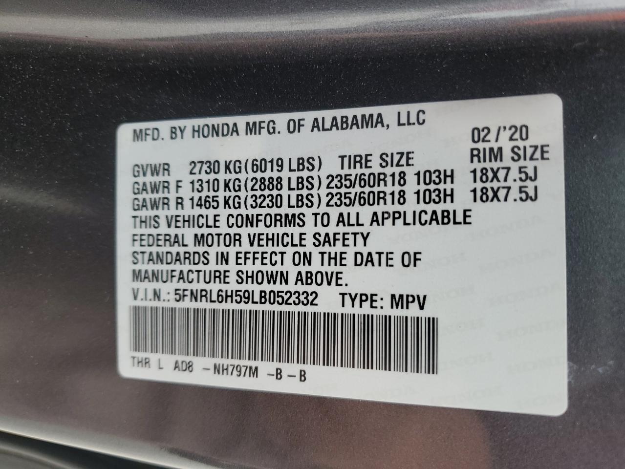 2020 Honda Odyssey VIN 5FNRL6H59LB052332 Copart auction photo, all over damage thumbnail 13