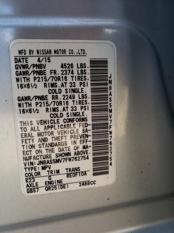 2015 Nissan Rogue VIN JN8AS5MV7FW762754 Copart auction photo, minor dent/scratches damage thumbnail 13