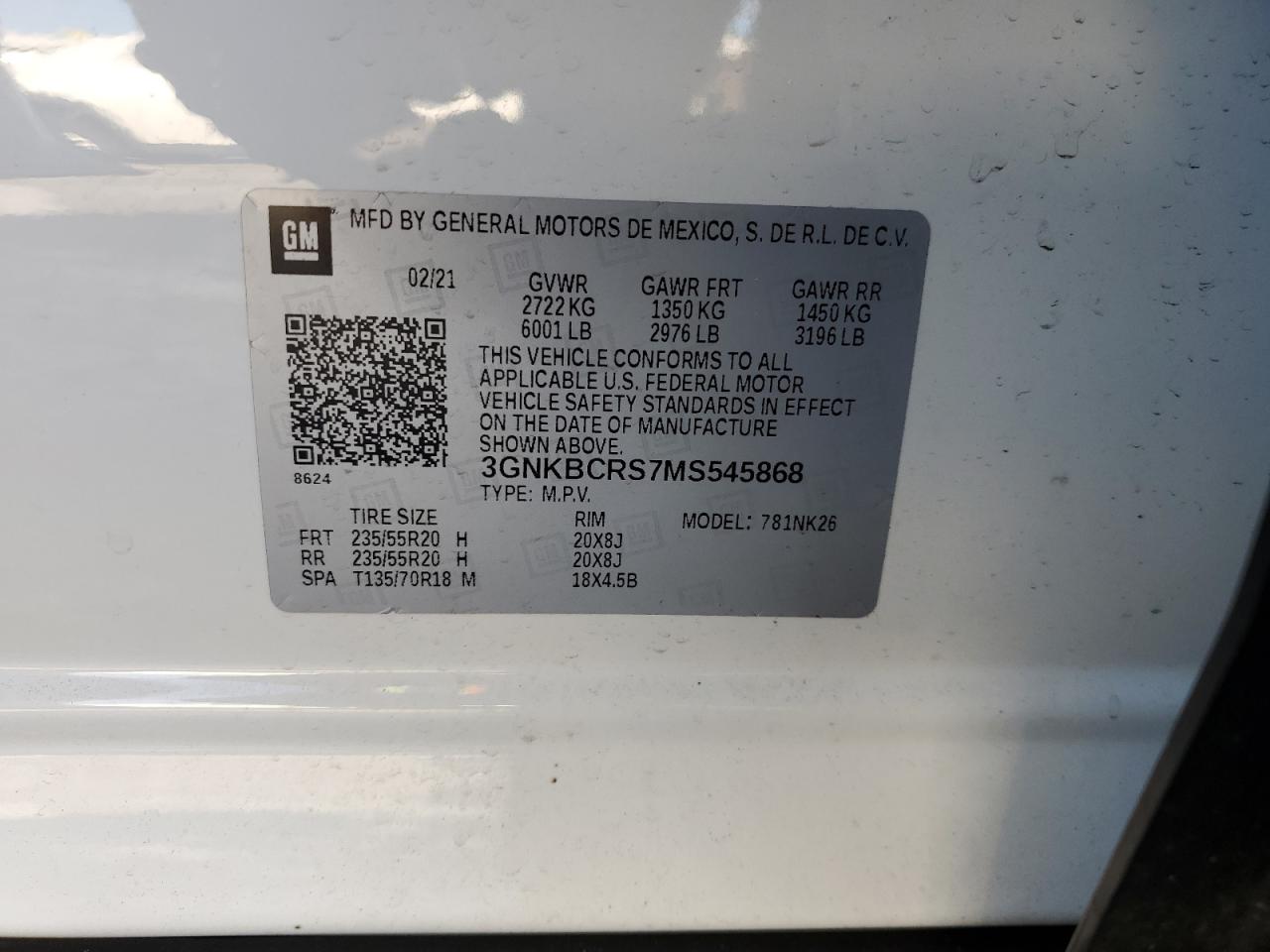 2021 Chevrolet Blazer VIN 3GNKBCRS7MS545868 Copart auction photo, front end damage thumbnail 15
