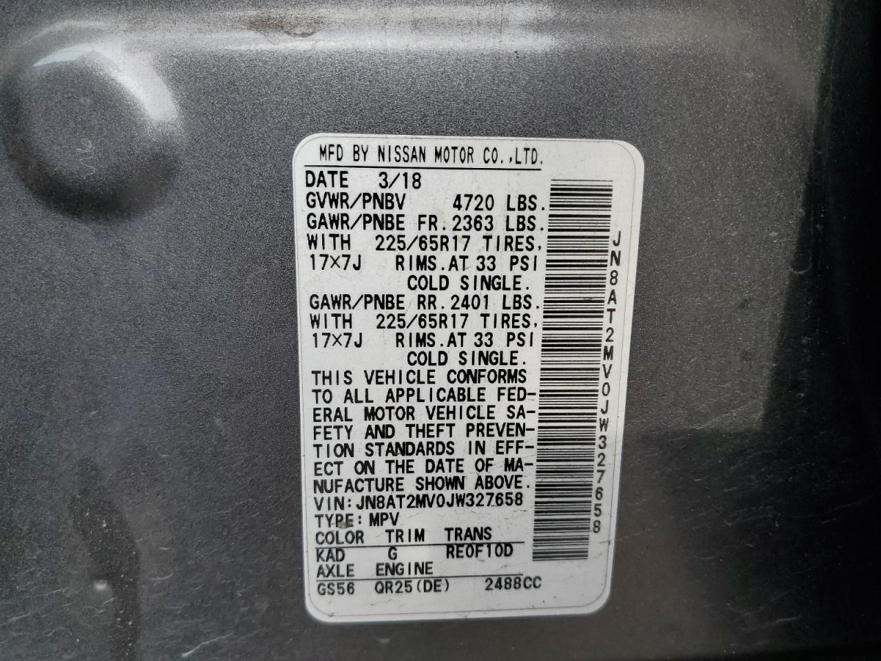 2018 Nissan Rogue VIN JN8AT2MV0JW327658 Copart auction photo, front end damage thumbnail 13