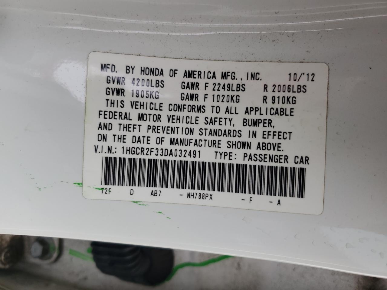 2013 Honda Accord VIN 1HGCR2F33DA032491 Copart auction photo, side damage thumbnail 12