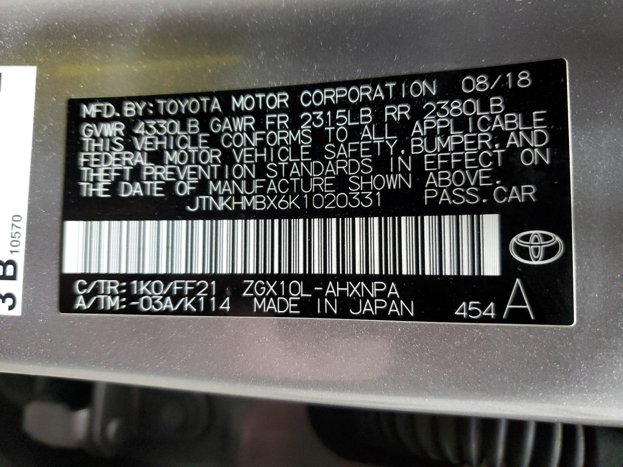 2019 Toyota C-HR VIN JTNKHMBX6K1020331 Copart auction photo, front end damage thumbnail 14