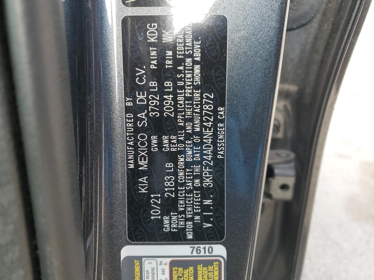 2022 KIA Forte VIN 3KPF24AD4NE427872 Copart auction photo, rear end damage thumbnail 12