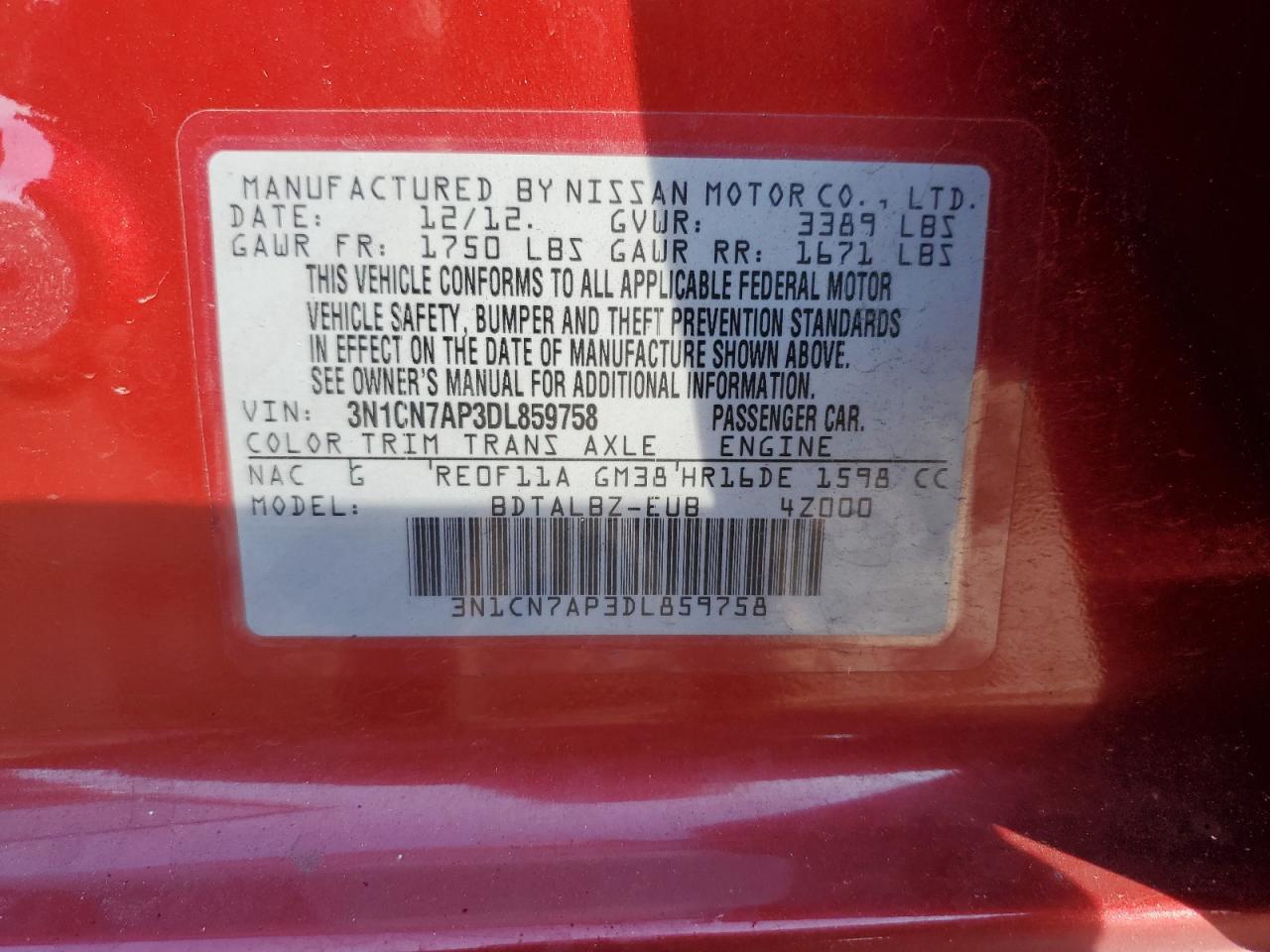 2013 Nissan Versa VIN 3N1CN7AP3DL859758 Copart auction photo, burn damage thumbnail 14
