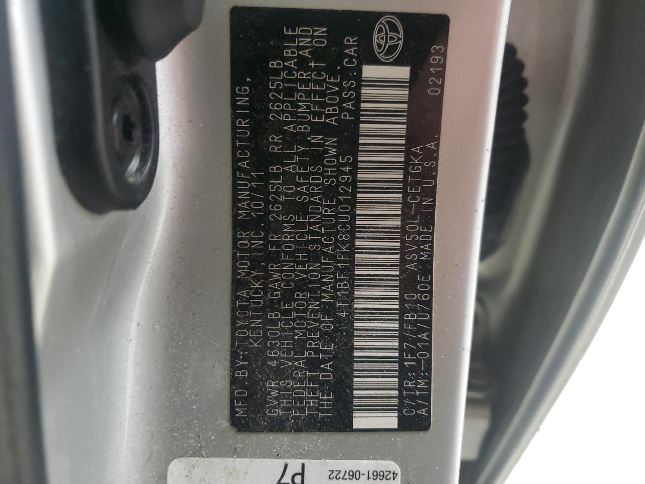 2012 Toyota Camry VIN 4T1BF1FK8CU012945 Copart auction photo, front end damage thumbnail 15