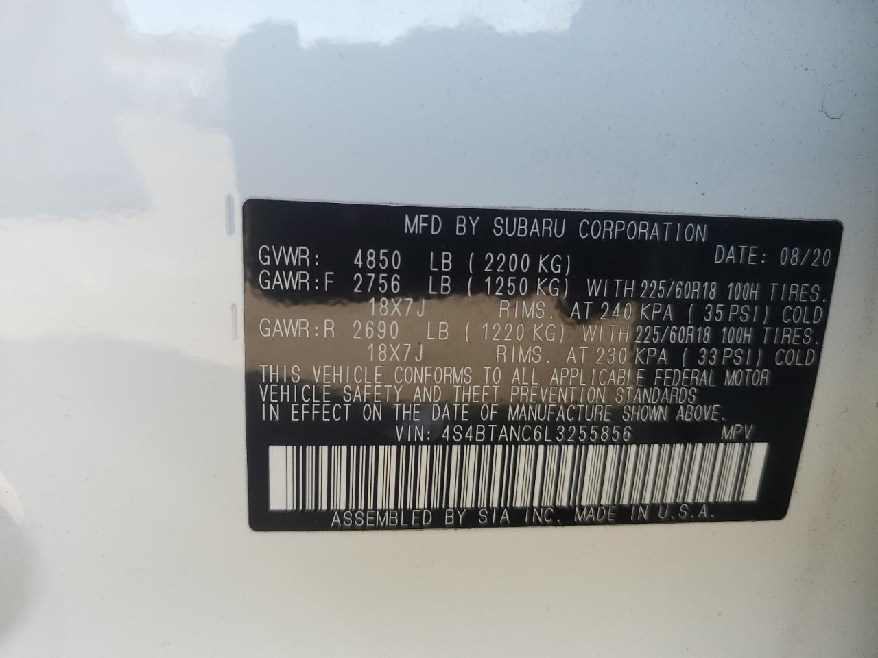 2020 Subaru Outback VIN 4S4BTANC6L3255856 Copart auction photo, front end damage thumbnail 14