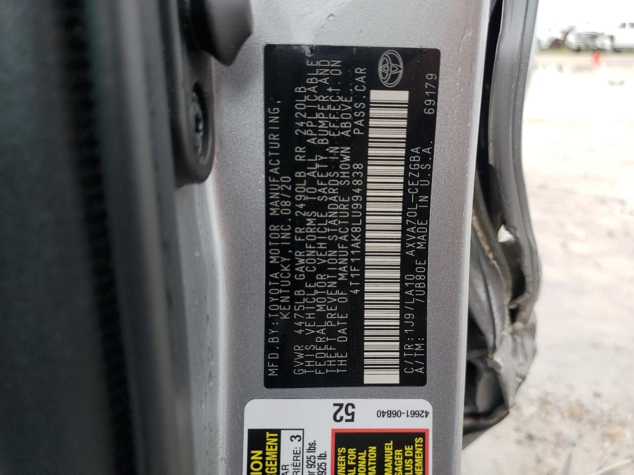 2020 Toyota Camry VIN 4T1F11AK8LU994838 Copart auction photo, side damage thumbnail 12