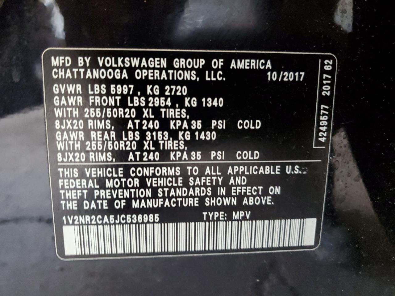 2018 Volkswagen Atlas VIN 1V2NR2CA5JC536985 Copart auction photo, front end damage thumbnail 15