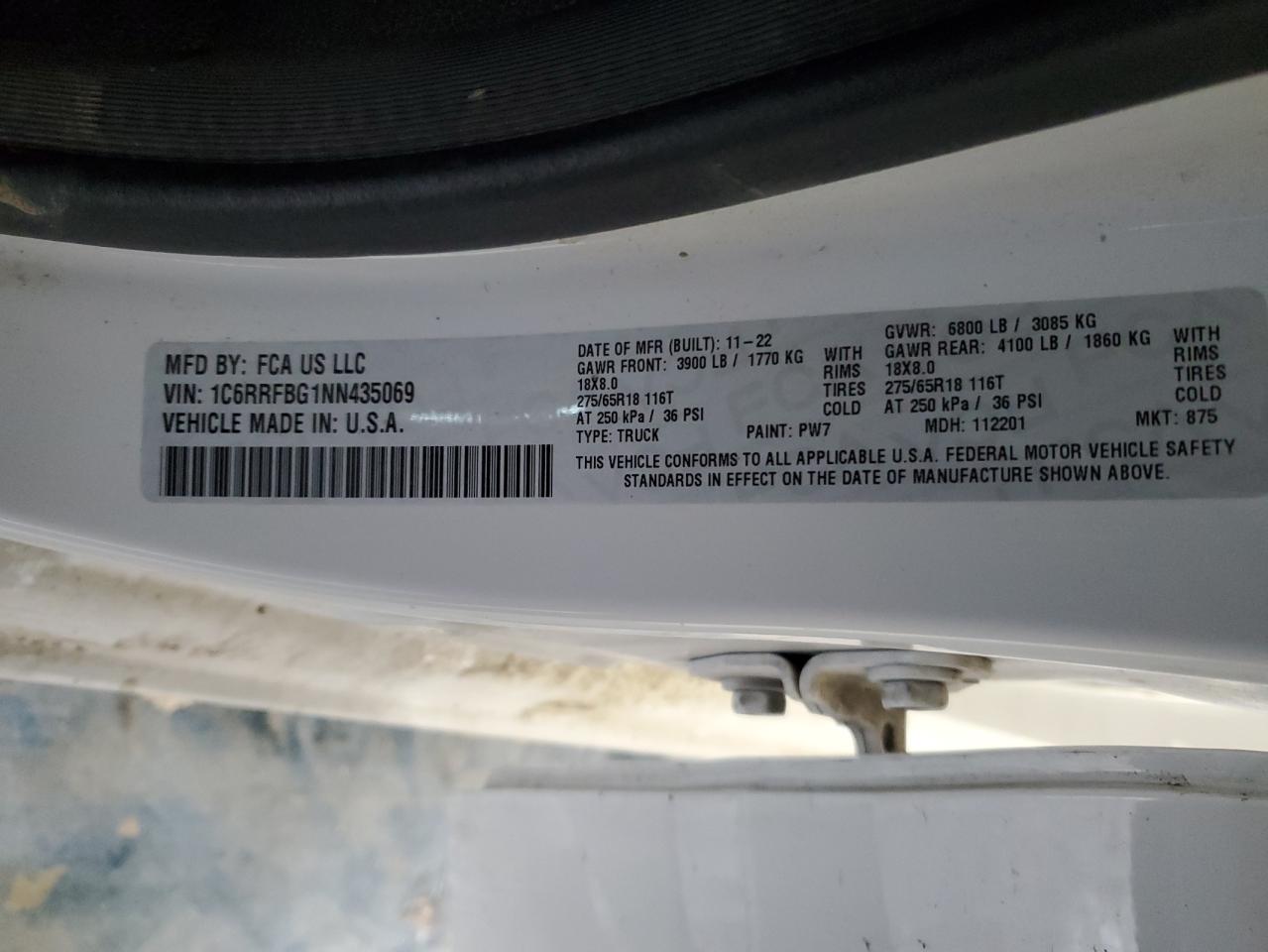 2022 RAM 1500 VIN 1C6RRFBG1NN435069 Copart auction photo, front end / side damage thumbnail 15