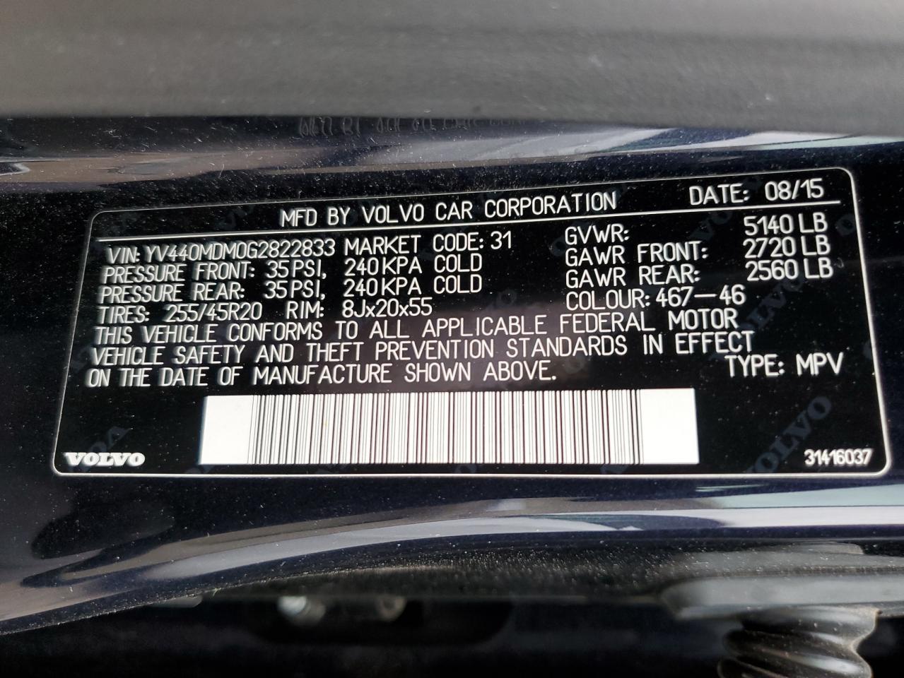 2016 Volvo XC60 VIN YV440MDM0G2822833 Copart auction photo, front end damage thumbnail 12