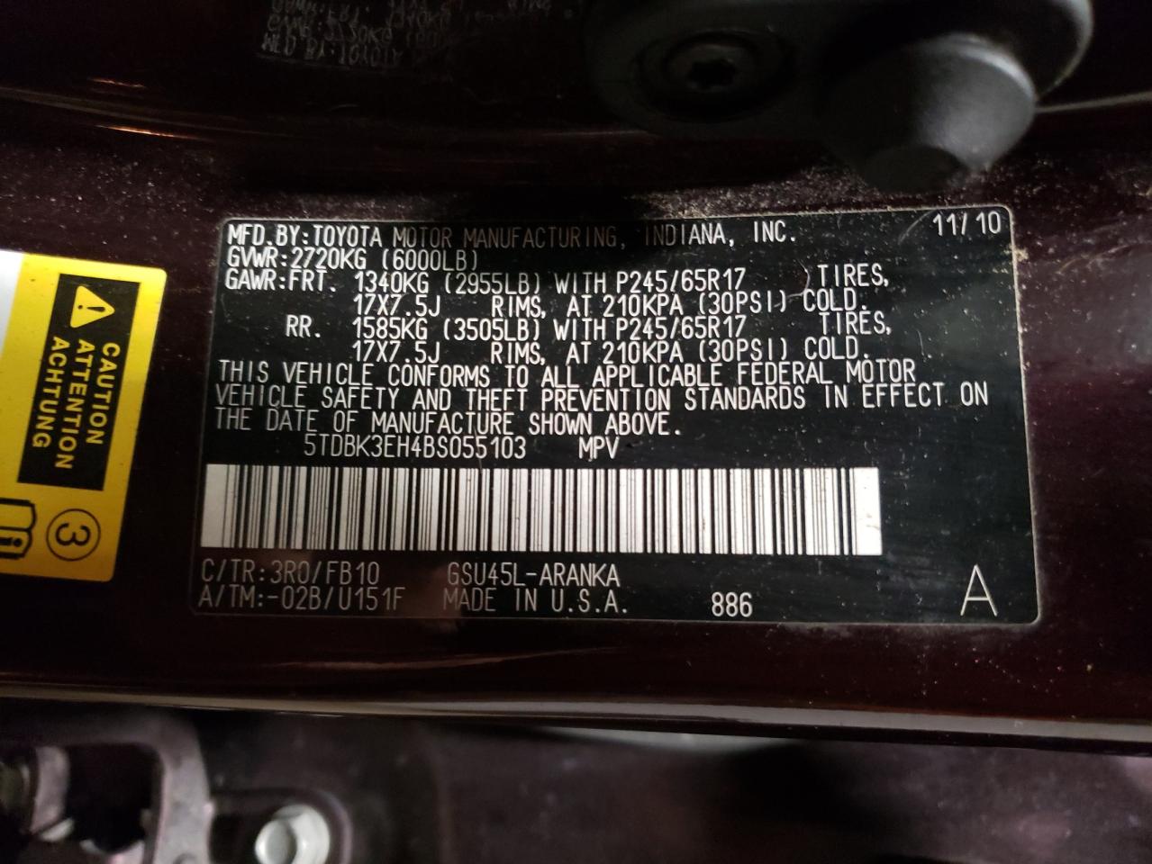 2011 Toyota Highlander VIN 5TDBK3EH4BS055103 Copart auction photo, side damage thumbnail 13