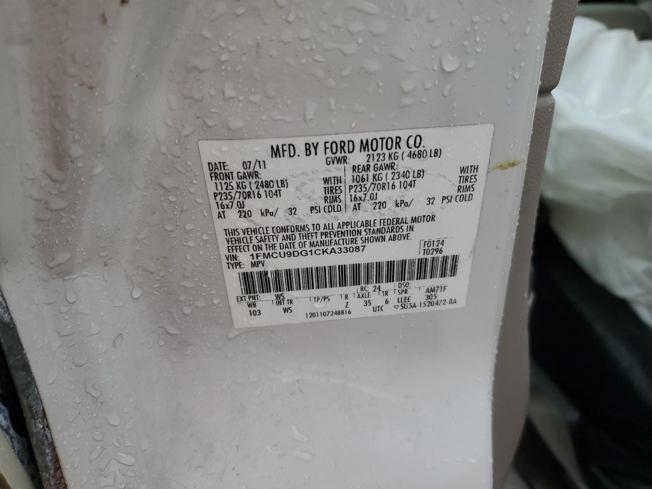 2012 Ford Escape VIN 1FMCU9DG1CKA33087 Copart auction photo, all over damage thumbnail 13
