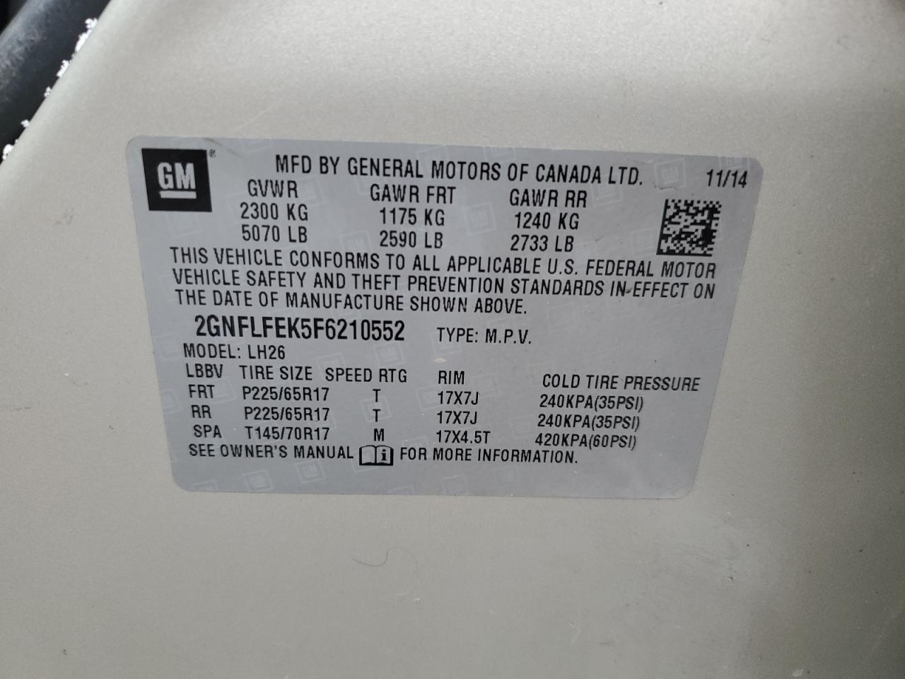 2015 Chevrolet Equinox VIN 2GNFLFEK5F6210552 Copart auction photo, front end / side damage thumbnail 13