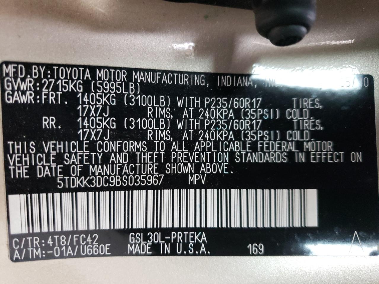 2011 Toyota Sienna VIN 5TDKK3DC9BS035967 Copart auction photo, side / rear end damage thumbnail 15