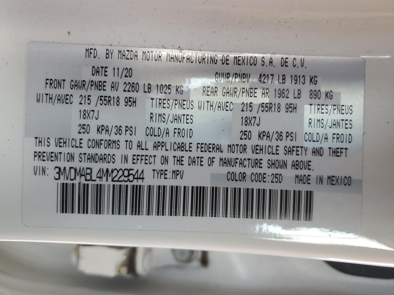 2021 Mazda CX-30 VIN 3MVDMABL4MM229544 Copart auction photo, front end / top/roof damage thumbnail 12