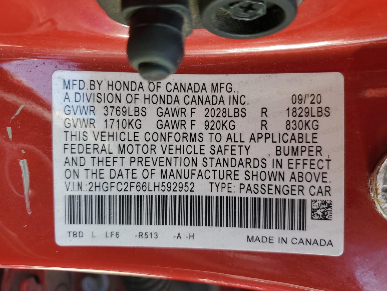 2020 Honda Civic VIN 2HGFC2F66LH592952 Copart auction photo, rear end / front end damage thumbnail 12