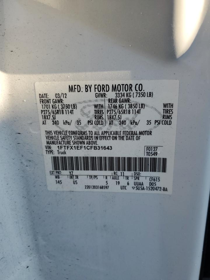 2012 Ford F-150 VIN 1FTFX1EF1CFB31643 Copart auction photo, burn / minor dent/scratches damage thumbnail 14