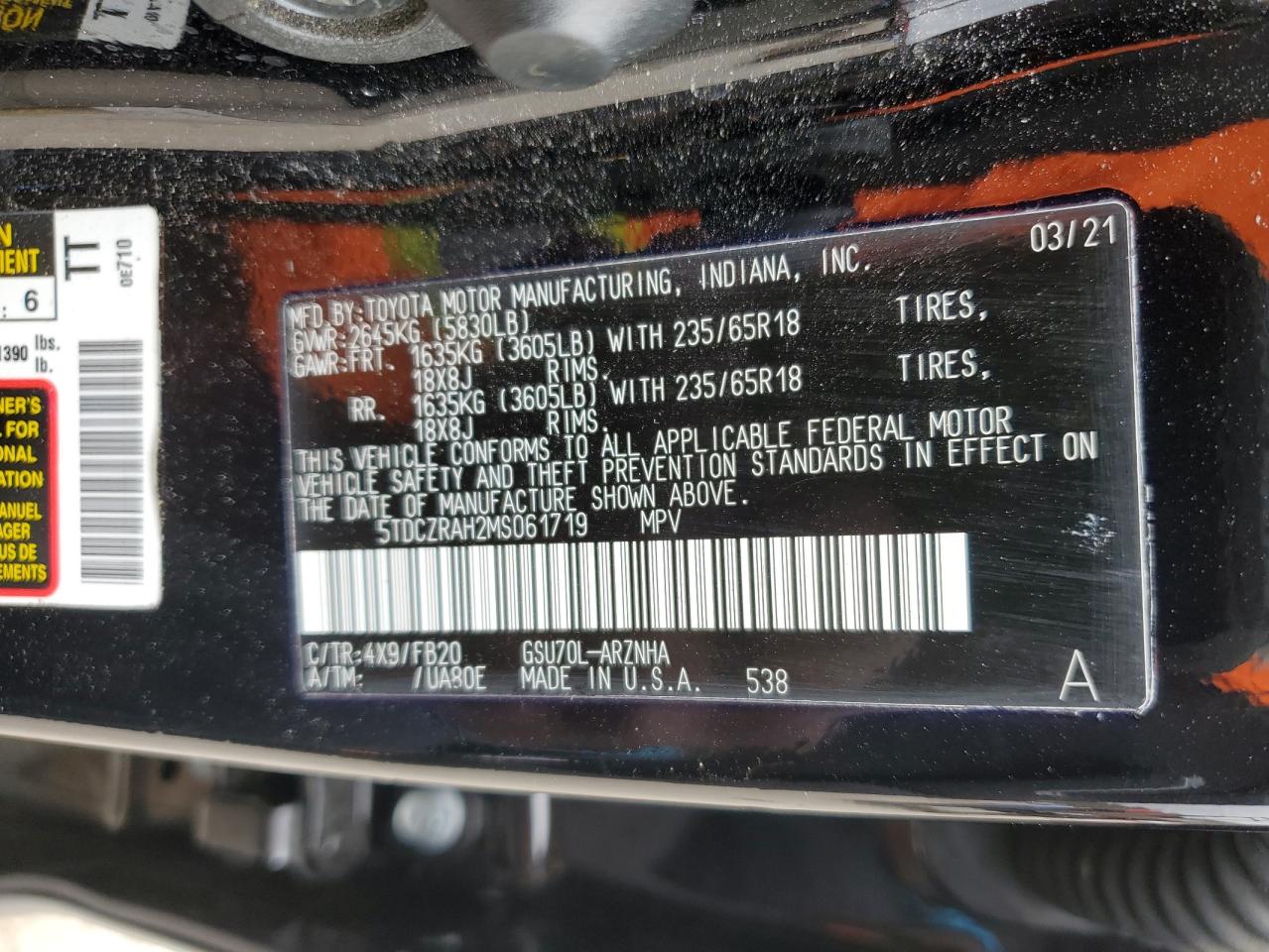 2021 Toyota Highlander VIN 5TDCZRAH2MS061719 Copart auction photo, front end damage thumbnail 14