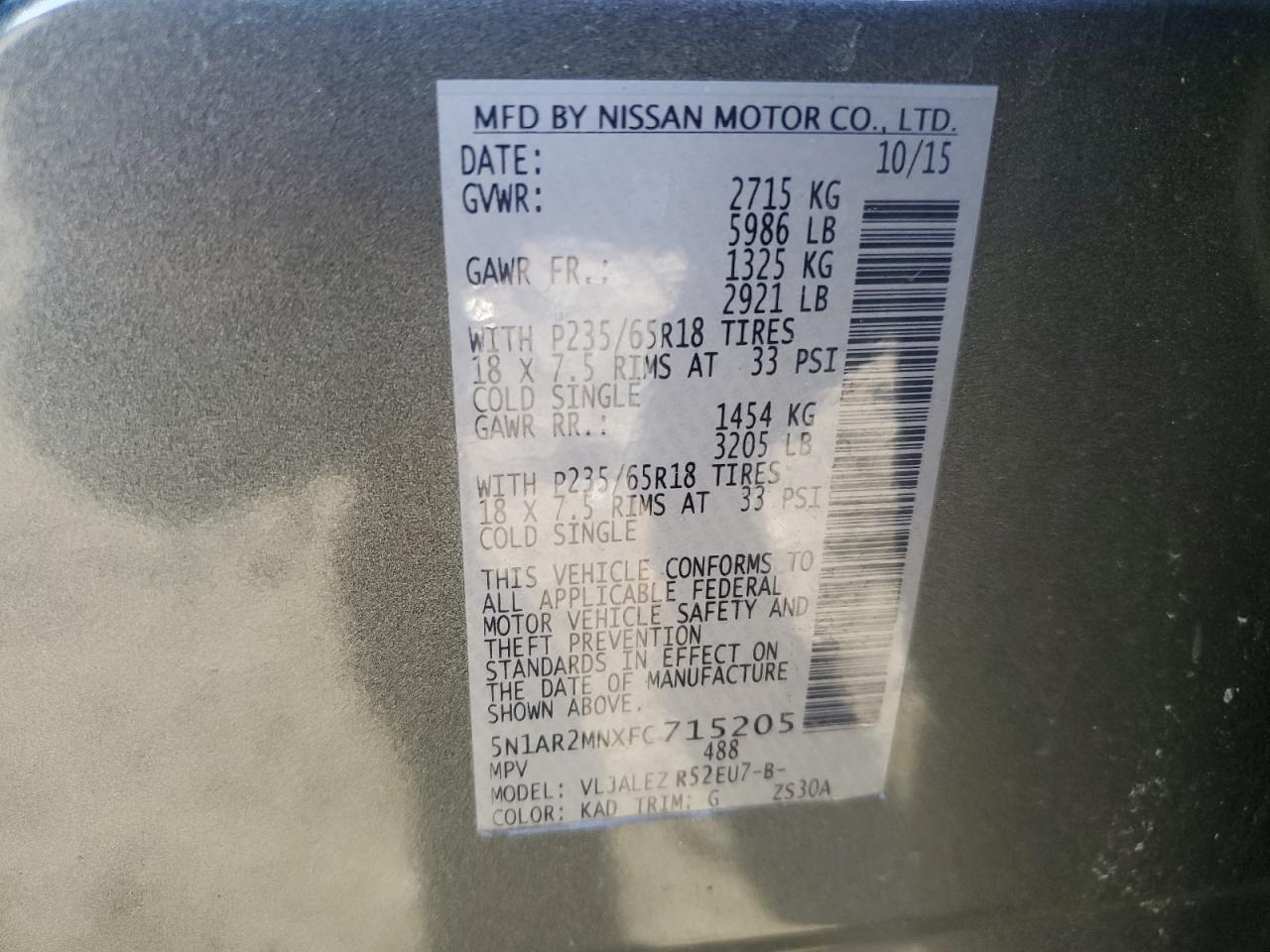 2015 Nissan Pathfinder VIN 5N1AR2MNXFC715205 Copart auction photo, front end damage thumbnail 16