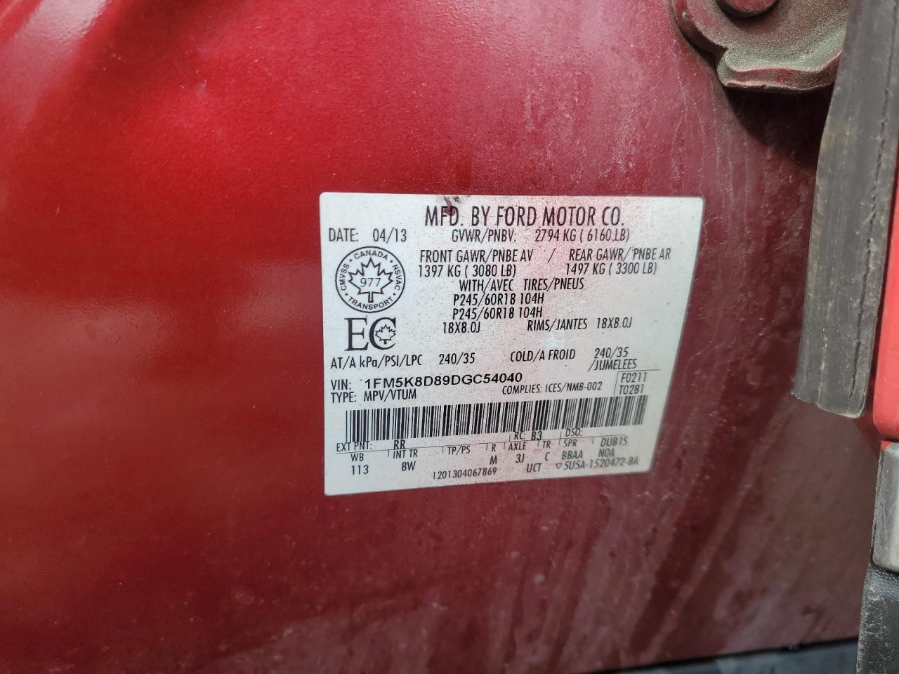 2013 Ford Explorer VIN 1FM5K8D89DGC54040 Copart auction photo, side damage thumbnail 13