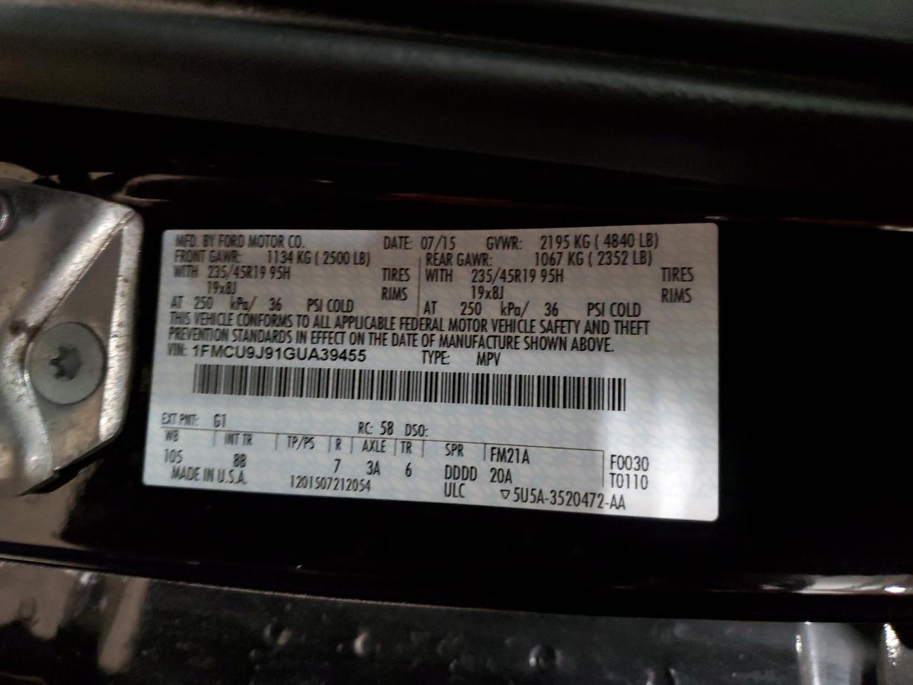 2016 Ford Escape VIN 1FMCU9J91GUA39455 Copart auction photo, rear end / minor dent/scratches damage thumbnail 13