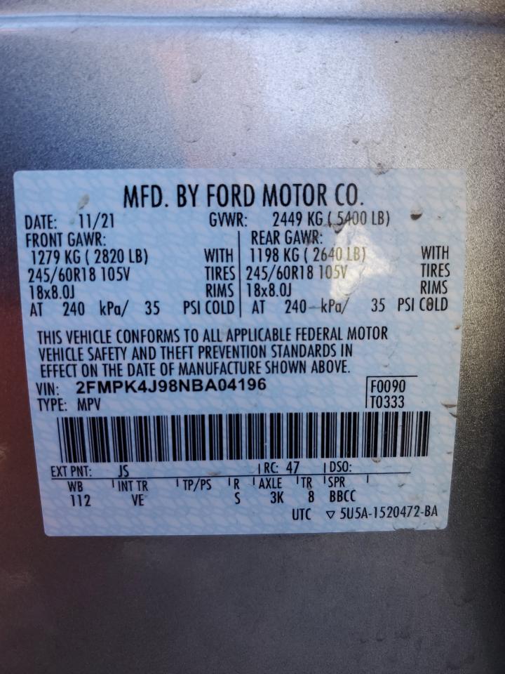 2022 Ford Edge VIN 2FMPK4J98NBA04196 Copart auction photo, side / rear end damage thumbnail 14