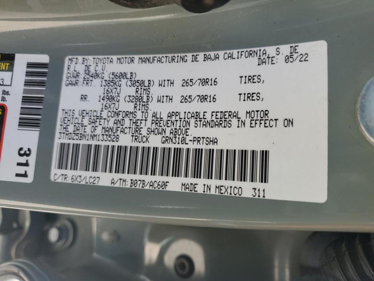 2022 Toyota Tacoma VIN 3TMDZ5BN1NM133528 Copart auction photo, rollover / rear end damage thumbnail 13