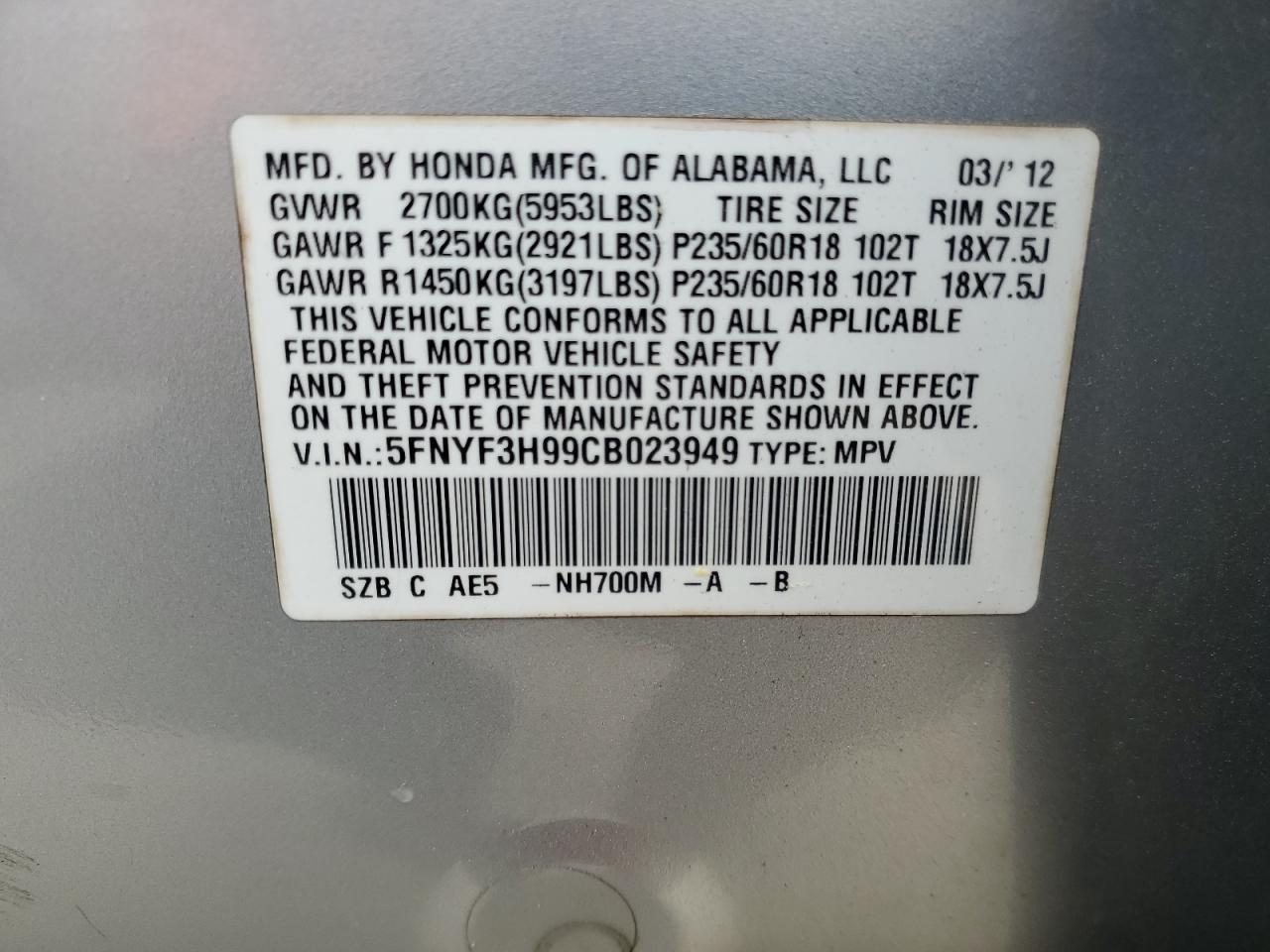 2012 Honda Pilot VIN 5FNYF3H99CB023949 Copart auction photo, normal wear damage thumbnail 13