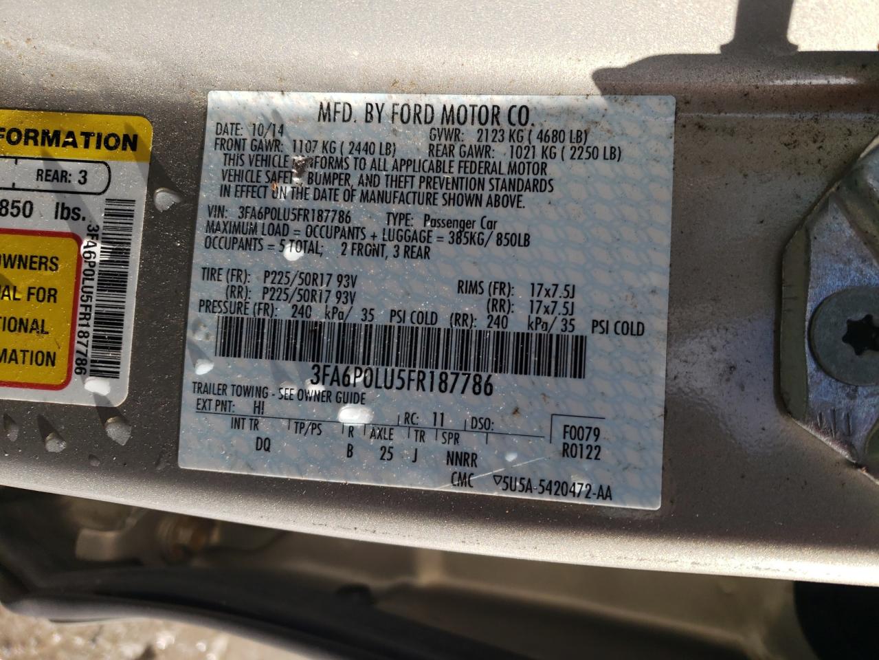 2015 Ford Fusion VIN 3FA6P0LU5FR187786 Copart auction photo, rear end damage thumbnail 12