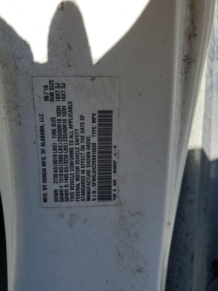 2019 Honda Odyssey VIN 5FNRL6H22KB016888 Copart auction photo, front end / side damage thumbnail 14