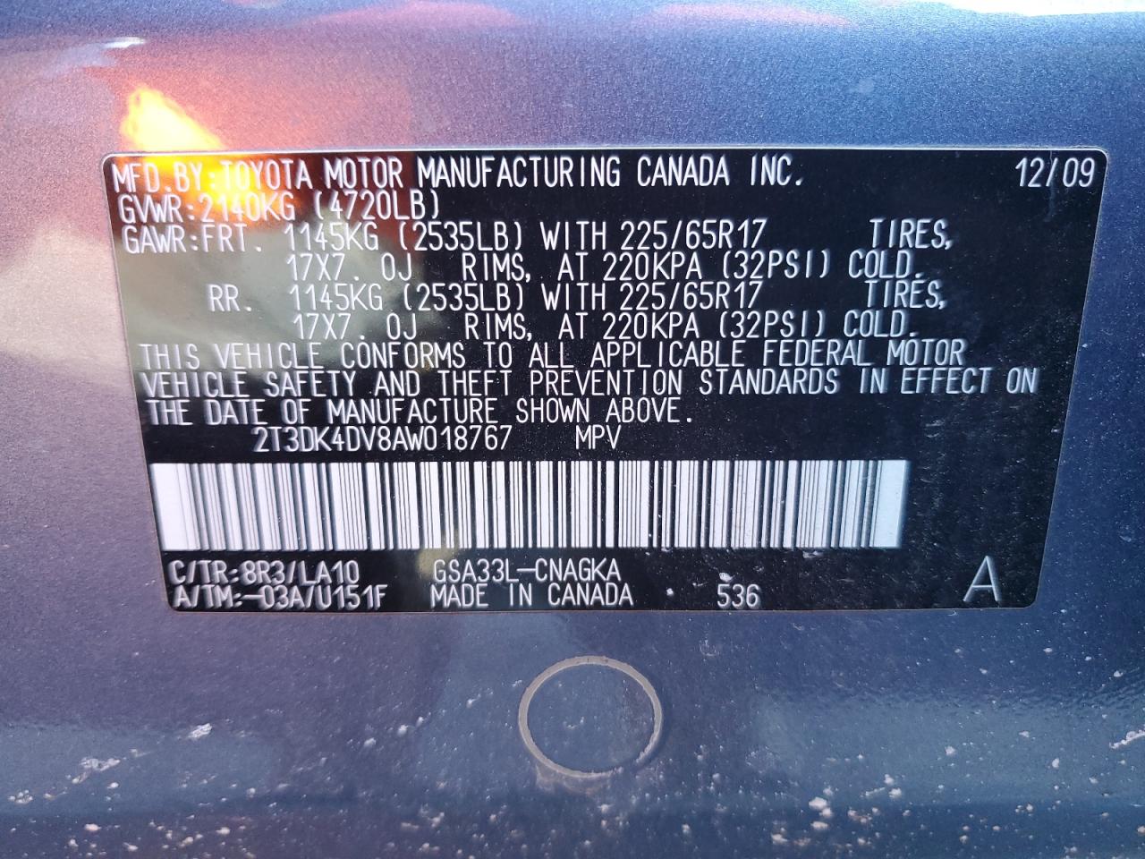 2010 Toyota RAV 4 VIN 2T3DK4DV8AW018767 Copart auction photo, front end damage thumbnail 13